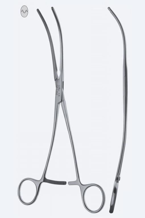 Зажими судинні, De Bakey, для аорти, зубці De Bakey, з вигнутою ручкою, вигнуті, з кремальєрою, довжина 270 мм. Бренд - Asanus Medizintechnik Gmb, Німеччина